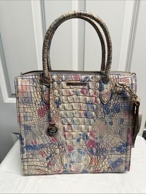 Brahmin Pastel Croc-Embossed Satchel in Pink, Blue, Cream